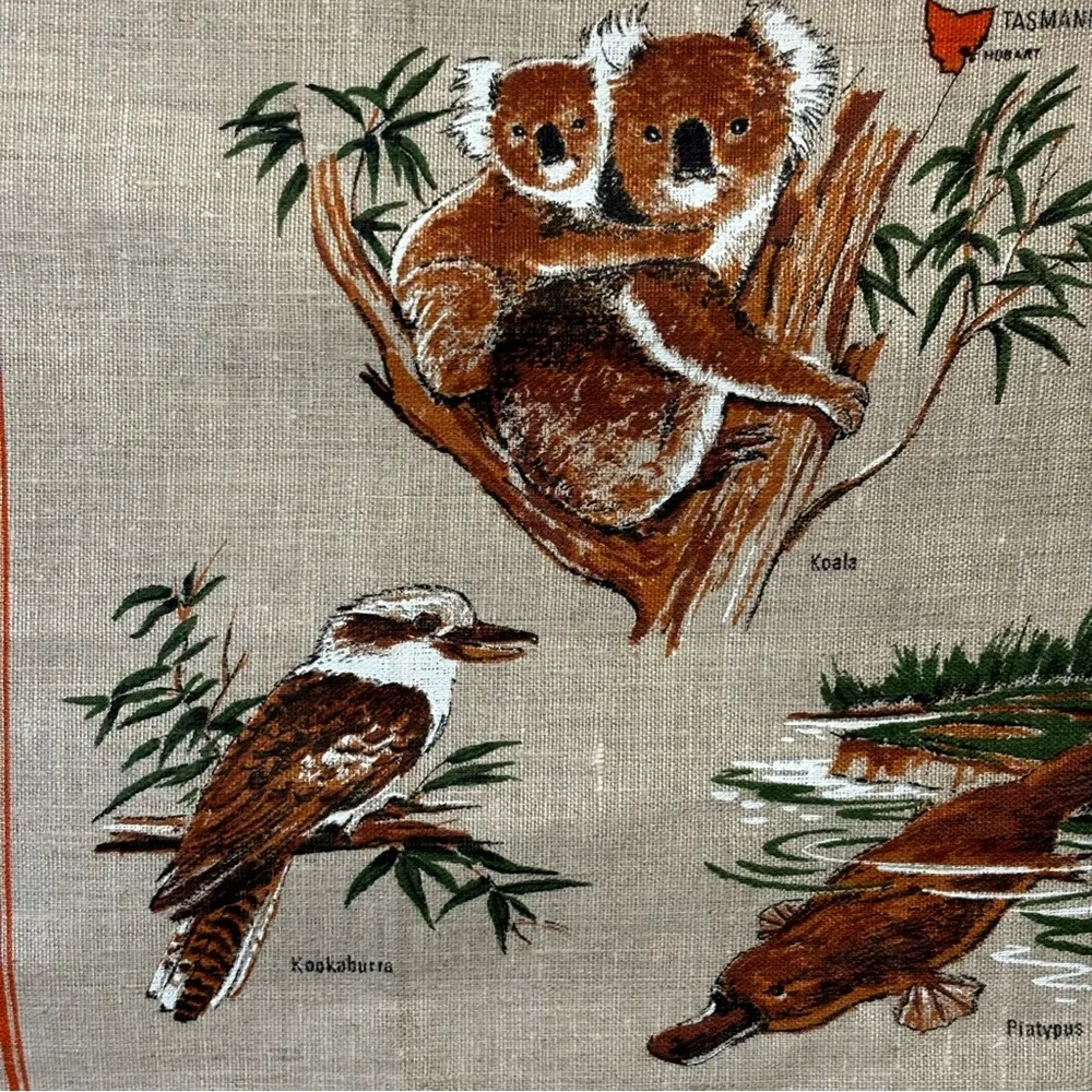 VTG Heil Pure Linen Souvenir Australian tea towel 1980’s Emo Koala Kangaroo NWOT